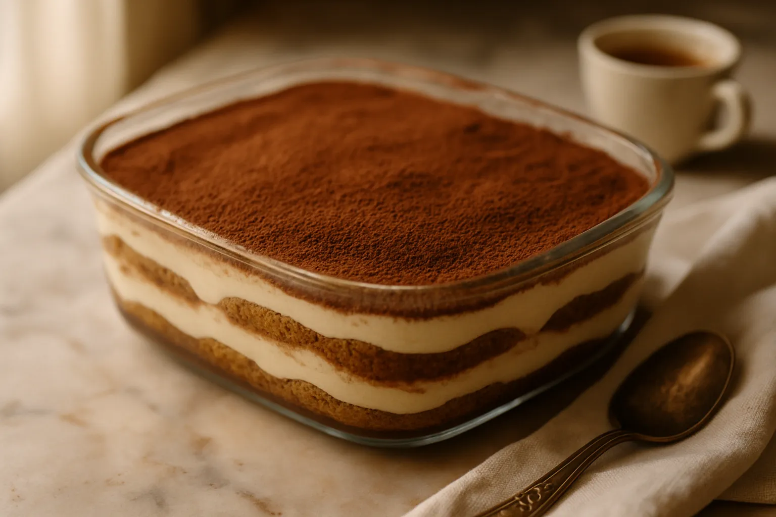 Authentic Italian tiramisu dessert in glass dish with layers of mascarpone cream and cocoa powder dusting
