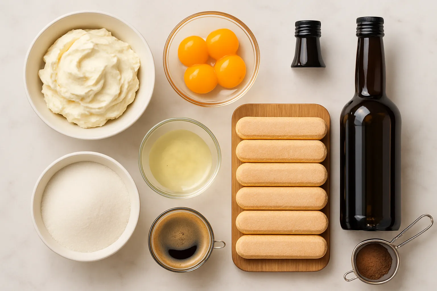 Flat lay of fresh tiramisu ingredients including mascarpone, eggs, ladyfingers, espresso, and cocoa powder