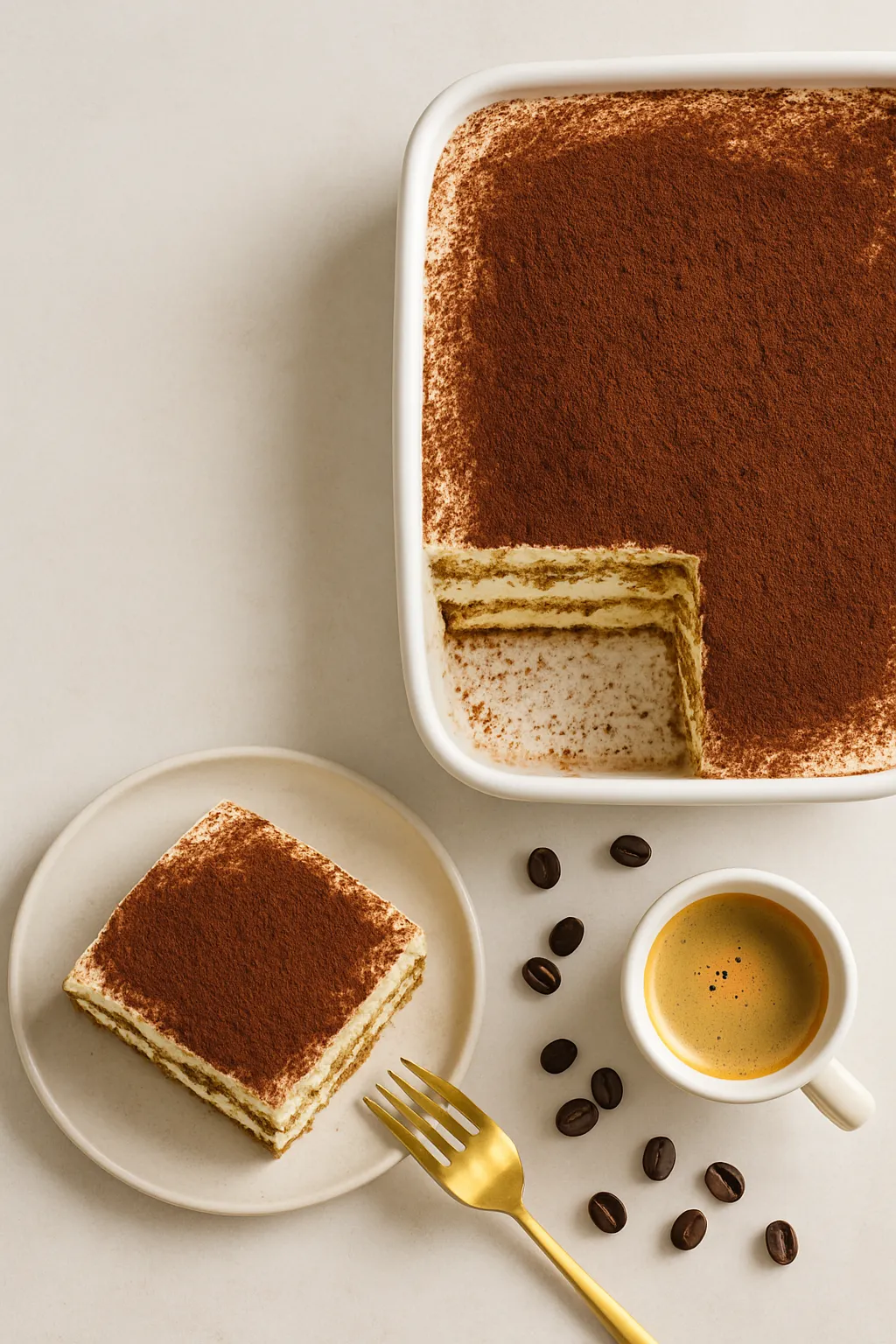 Vertical overhead view of homemade tiramisu recipe with espresso and serving plate for Pinterest