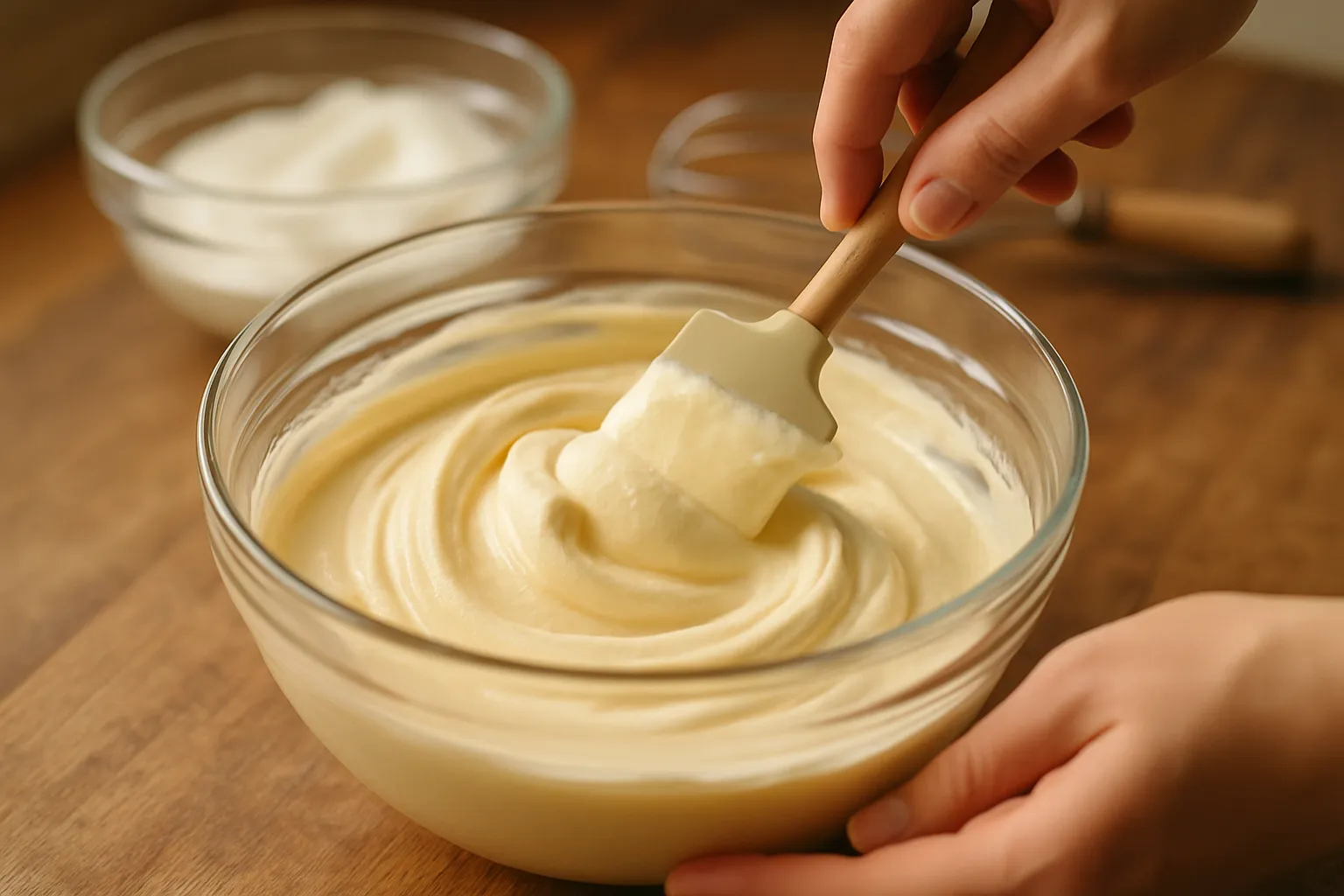 Hands folding creamy mascarpone mixture with spatula in glass bowl during tiramisu preparation