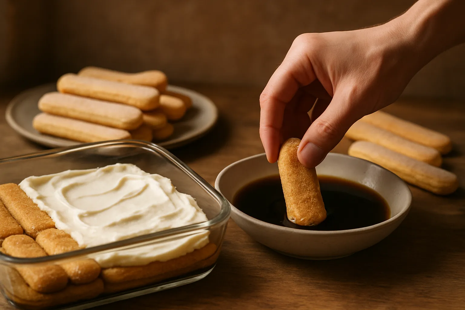 Hand dipping ladyfinger biscuit into espresso while assembling tiramisu layers in glass dish