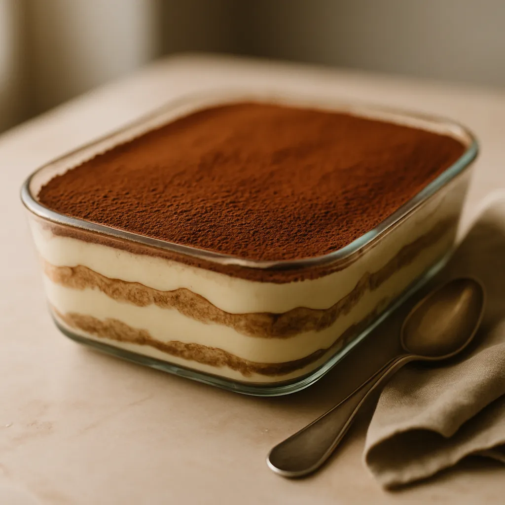 Finished authentic Italian tiramisu dessert in glass dish with cocoa powder topping