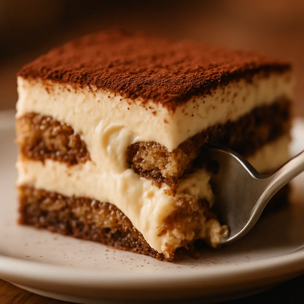 Close-up macro shot of tiramisu slice showing distinct layers of mascarpone cream and ladyfingers