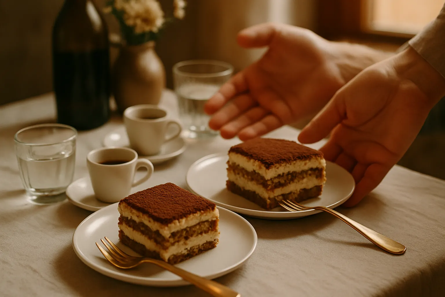 Tiramisu dessert being served on elegant plates with espresso in authentic Italian dining setting