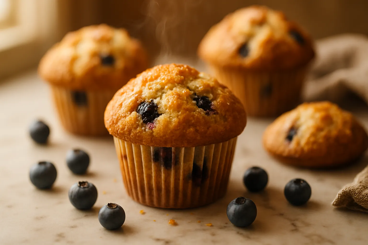 Freshly baked bakery-style blueberry muffins with tall golden domed tops and bursting berries on white marble surface
