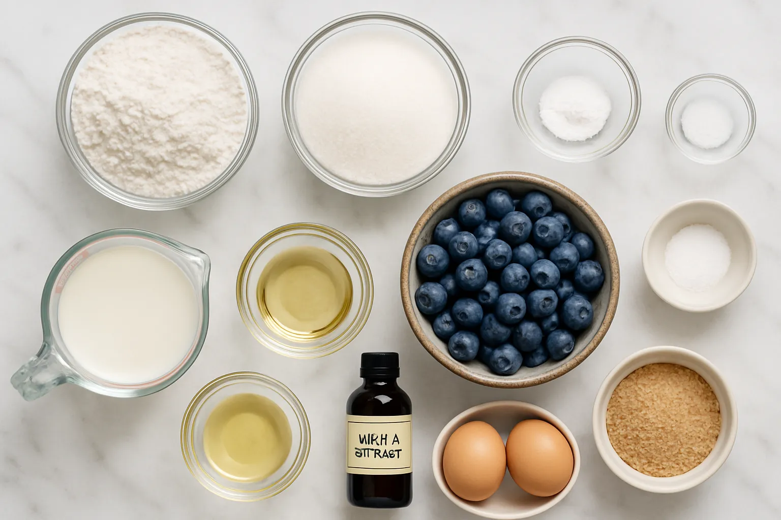 Overhead view of organized blueberry muffin ingredients including flour, sugar, eggs, milk, oil, and fresh blueberries on marble surface