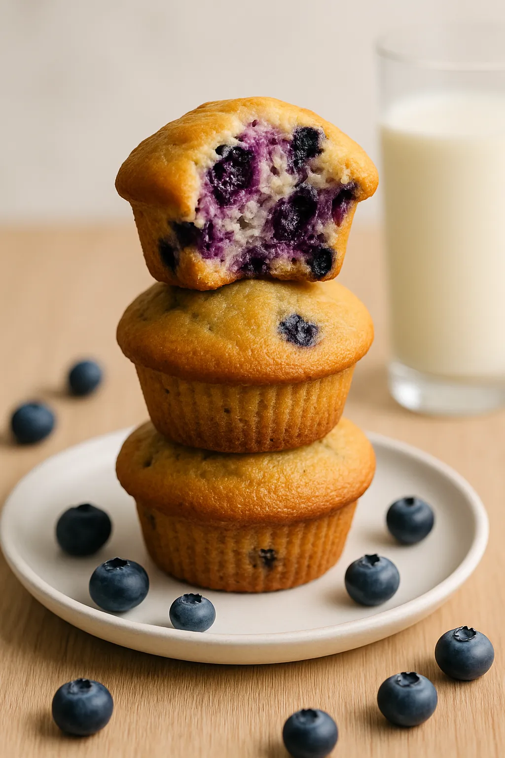Stack of golden blueberry muffins with one broken open showing moist interior crumb and fresh blueberries