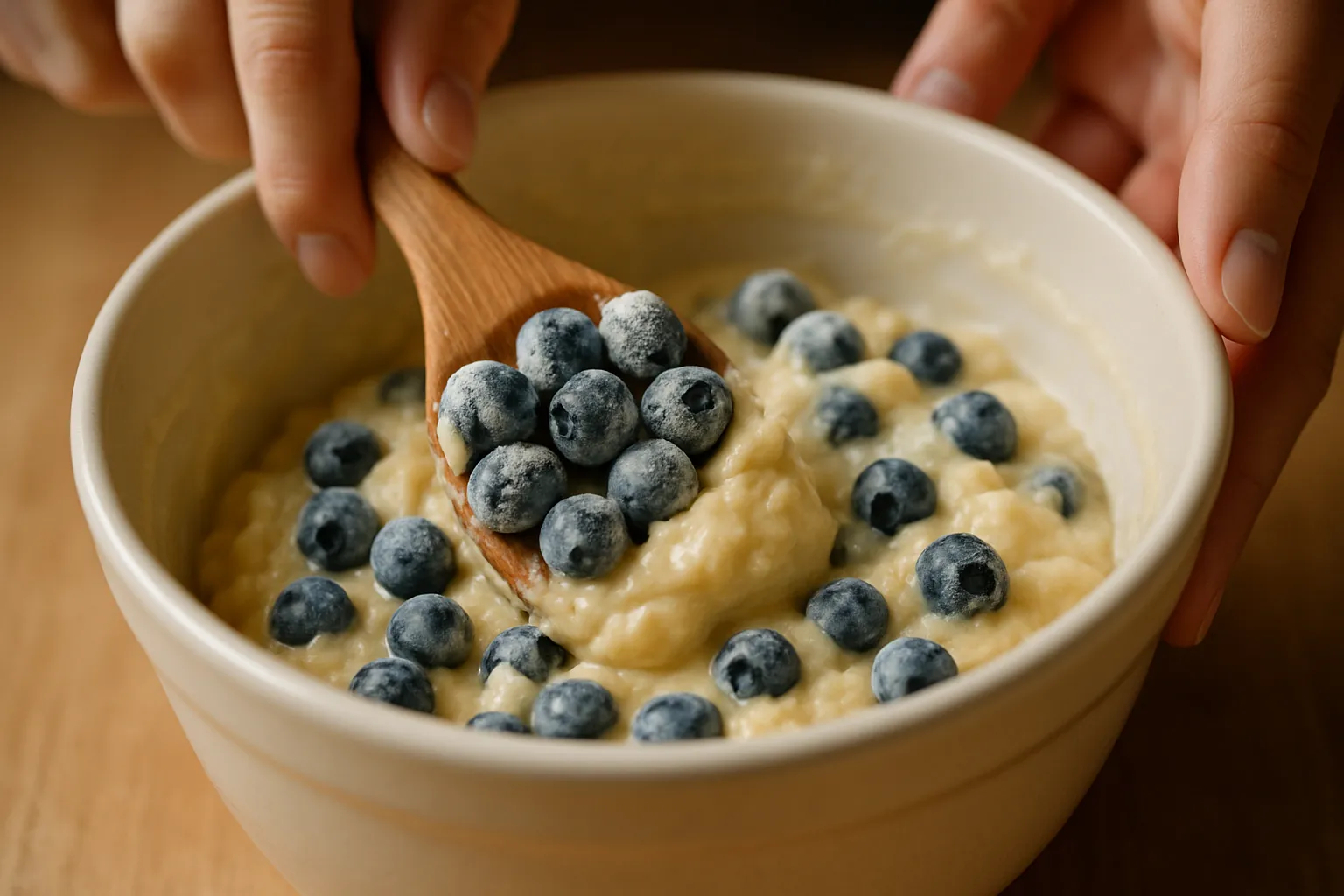 Hands folding fresh blueberries into lumpy muffin batter with wooden spatula in ceramic bowl
