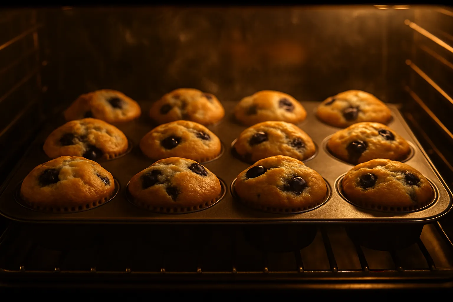 Blueberry muffins rising in oven with golden domed tops forming during baking process