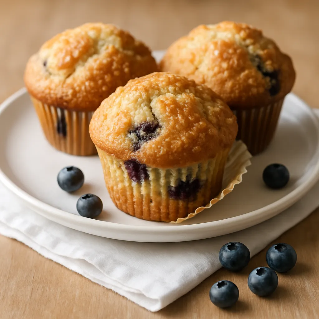 Three golden bakery-style blueberry muffins with tall domed tops arranged on white plate with fresh blueberries