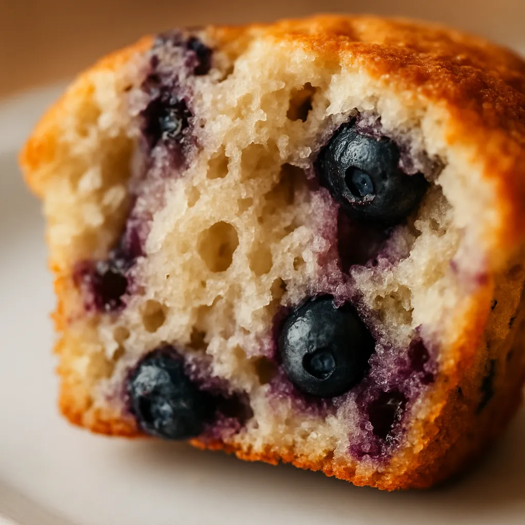 Close-up of blueberry muffin broken open showing moist tender crumb with fresh blueberries throughout