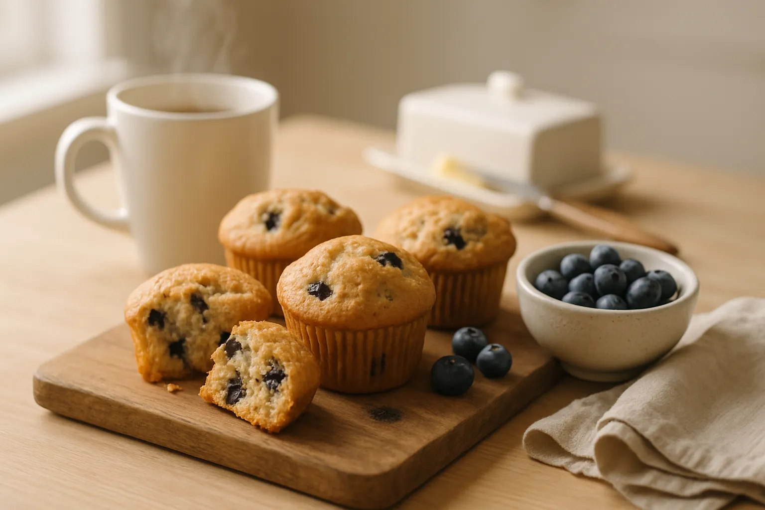 Breakfast table scene with fresh blueberry muffins, coffee, butter, and fresh berries in natural morning light