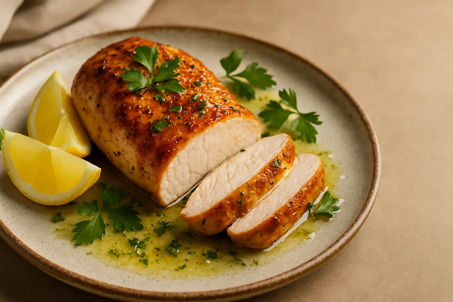 Perfectly cooked golden-brown chicken breast sliced on ceramic plate with fresh herbs and lemon, showing juicy interior