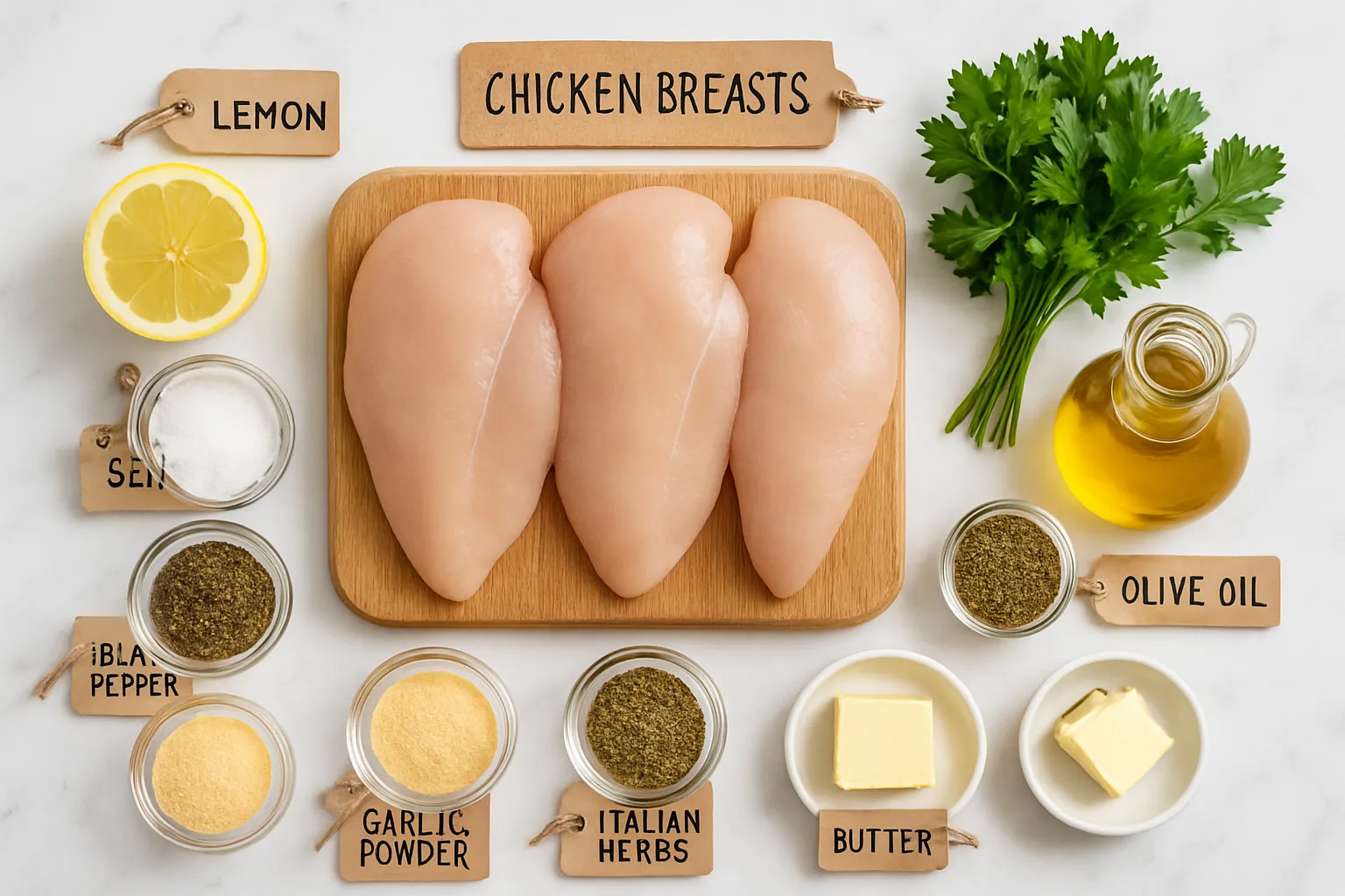 Overhead flat lay of raw chicken breasts and cooking ingredients including olive oil, herbs, lemon, and seasonings on marble surface