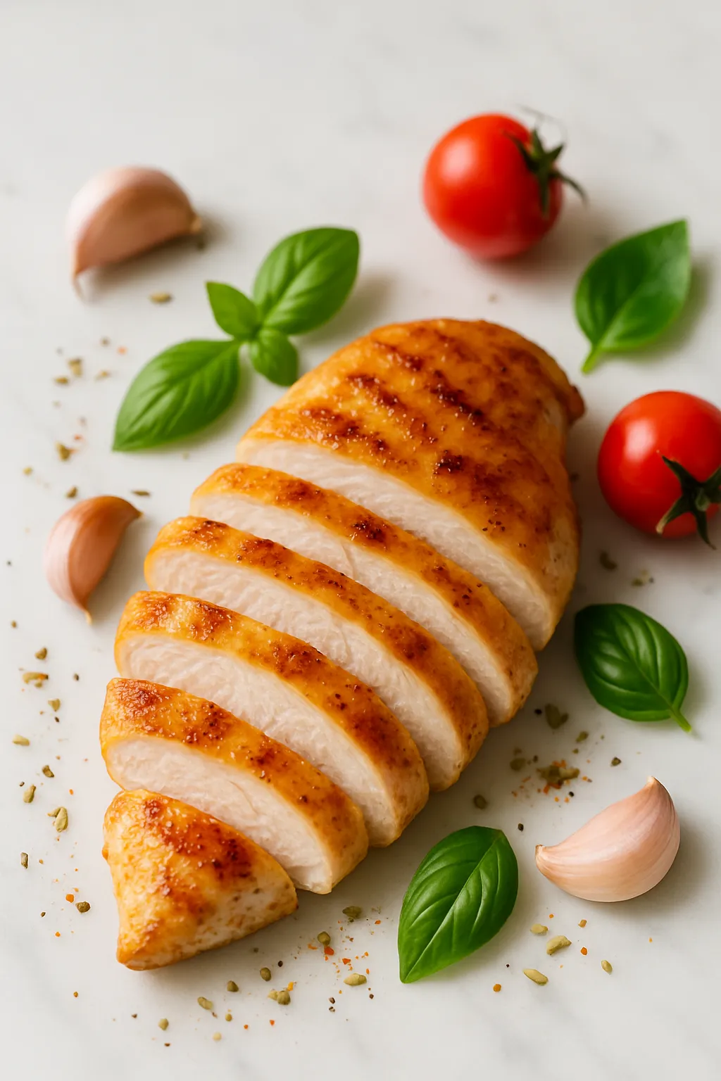 Vertical food photography of sliced juicy chicken breast with fresh herbs on marble surface, optimized for Pinterest