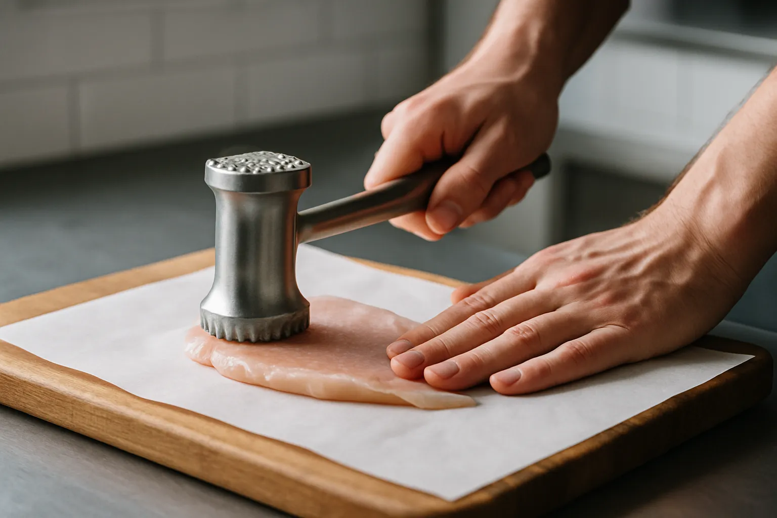Hands using meat mallet to pound chicken breast to even thickness between parchment paper on wooden cutting board