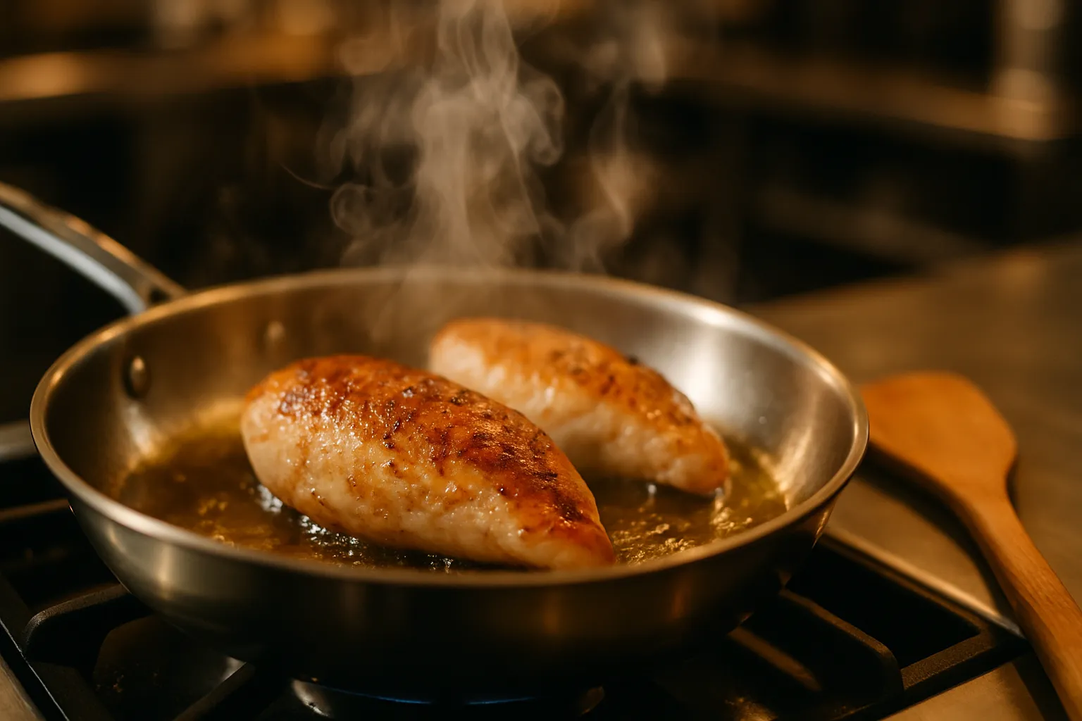 Chicken breast searing in stainless steel skillet with golden-brown crust forming, steam rising from hot pan