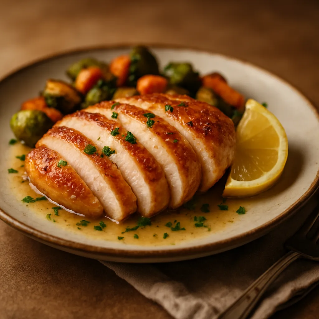 Sliced chicken breast elegantly plated on ceramic dish with lemon butter sauce, fresh parsley, and roasted vegetables
