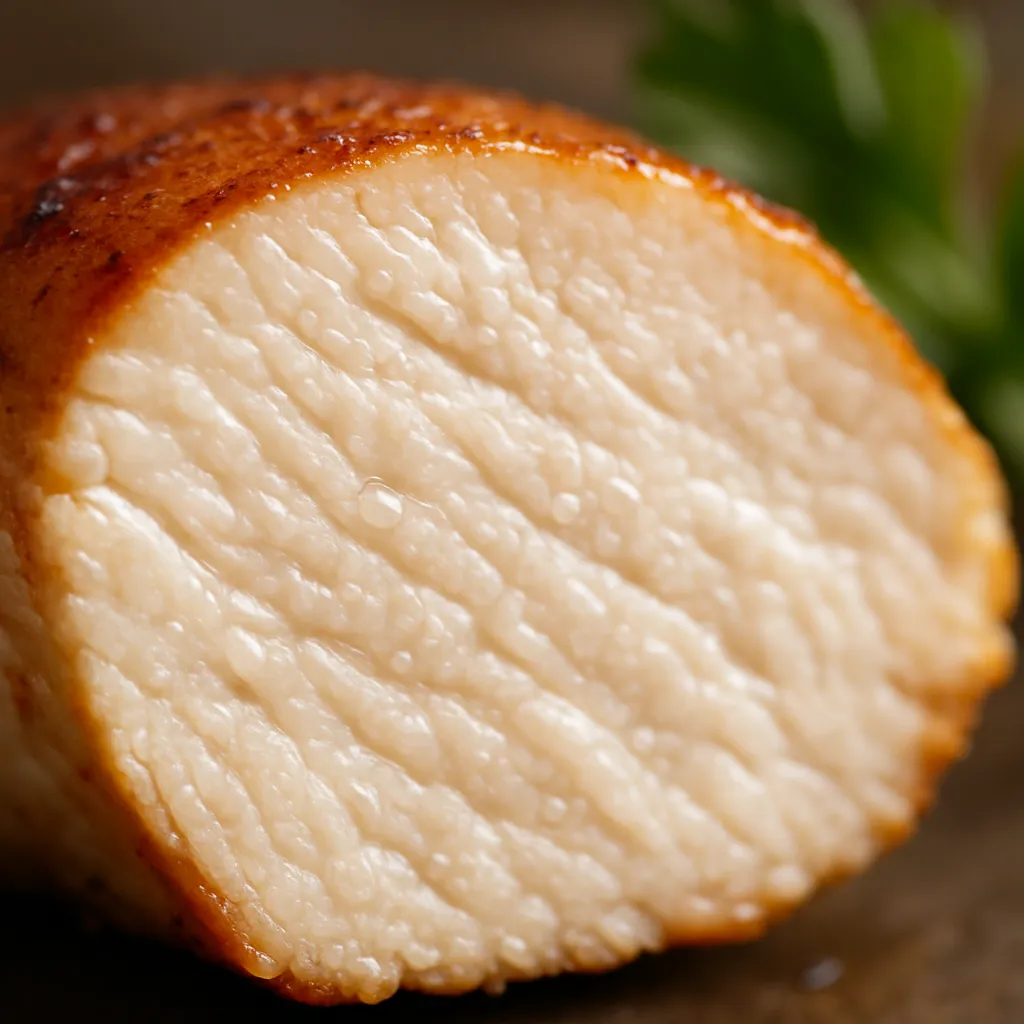 Macro close-up of sliced chicken breast showing juicy tender texture with visible moisture and golden seared crust