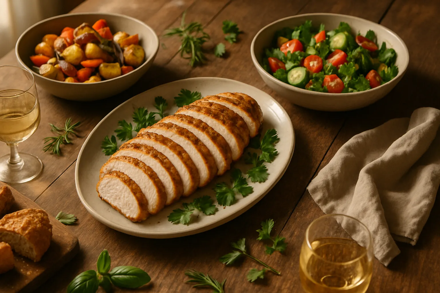 Italian-style chicken breast dinner spread on rustic wooden table with roasted vegetables, salad, bread, and wine glasses