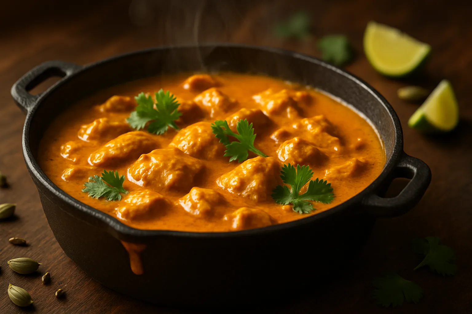 Creamy chicken curry with aromatic spices in cast iron skillet garnished with fresh cilantro
