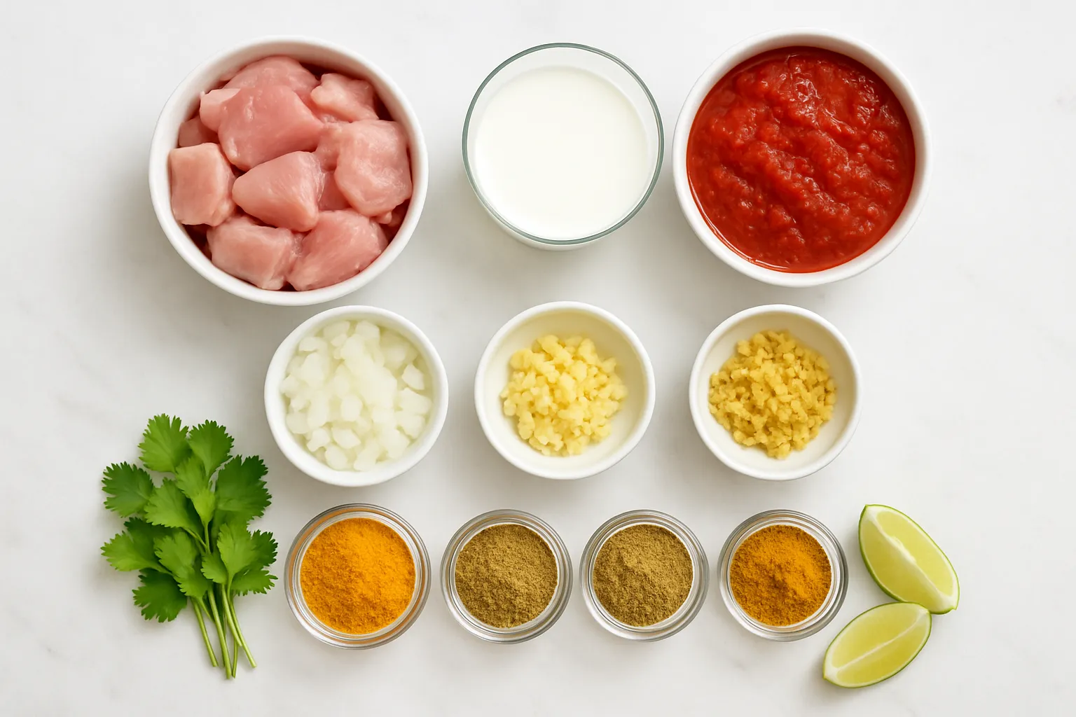 All ingredients for chicken curry recipe arranged in bowls including chicken, spices, coconut milk, and aromatics