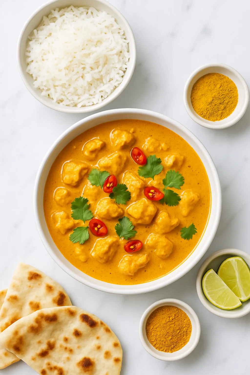 Easy chicken curry recipe with coconut milk served with rice and naan bread