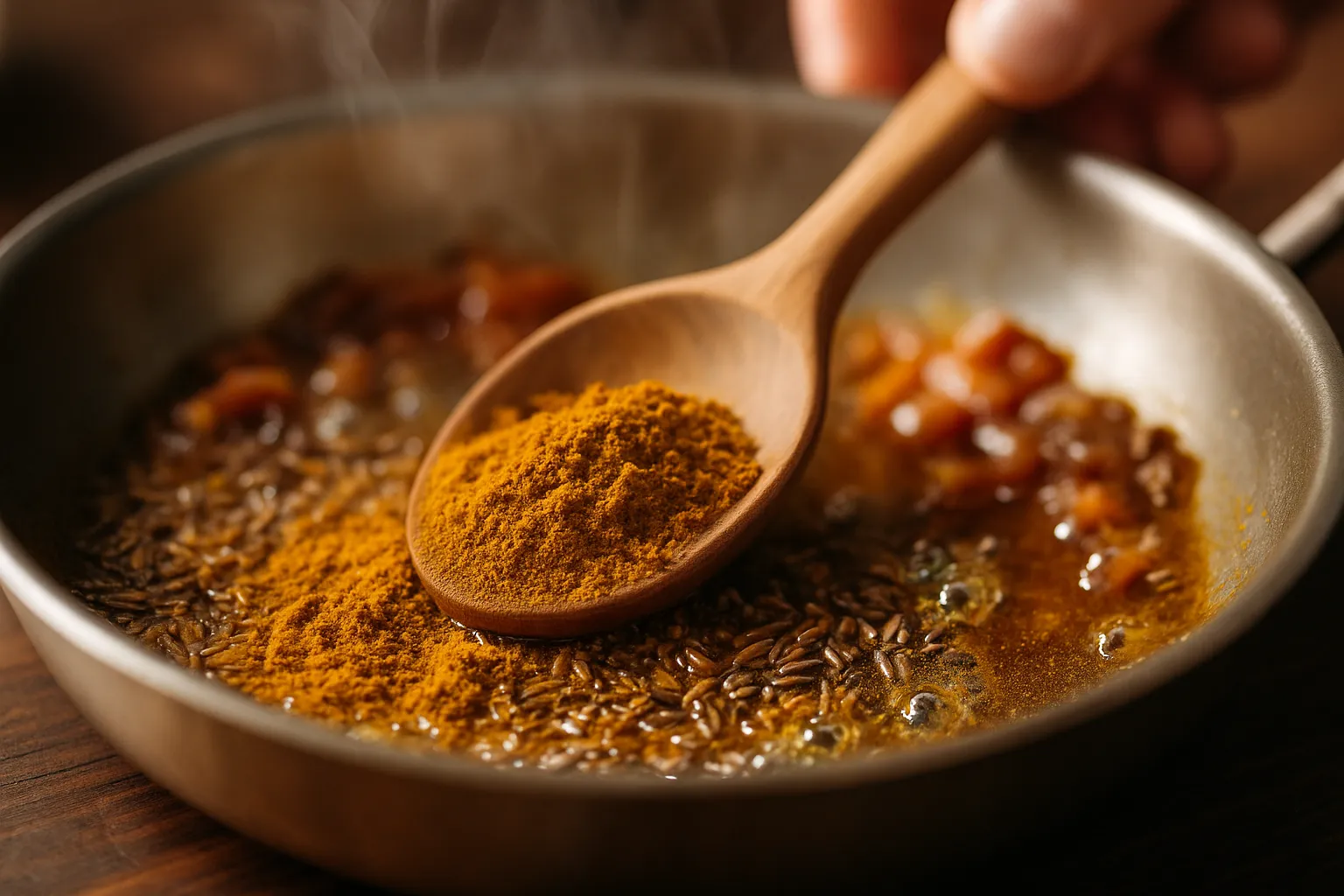 Aromatic curry spices being toasted in pan with wooden spoon during chicken curry preparation