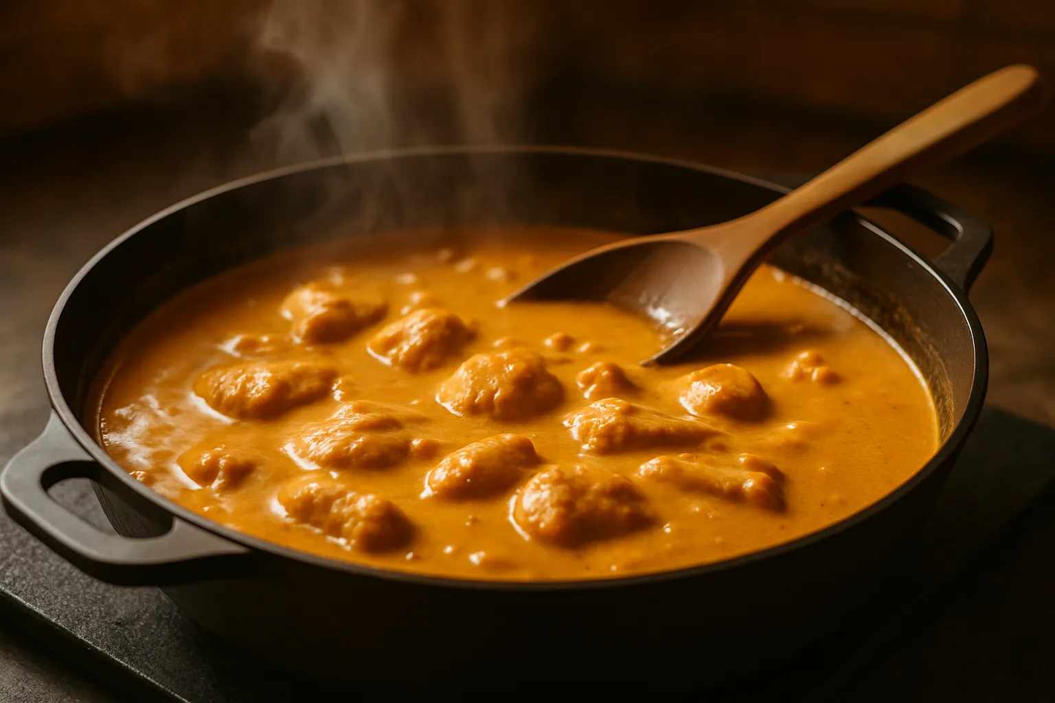 Chicken curry simmering in skillet with creamy coconut sauce and aromatic spices
