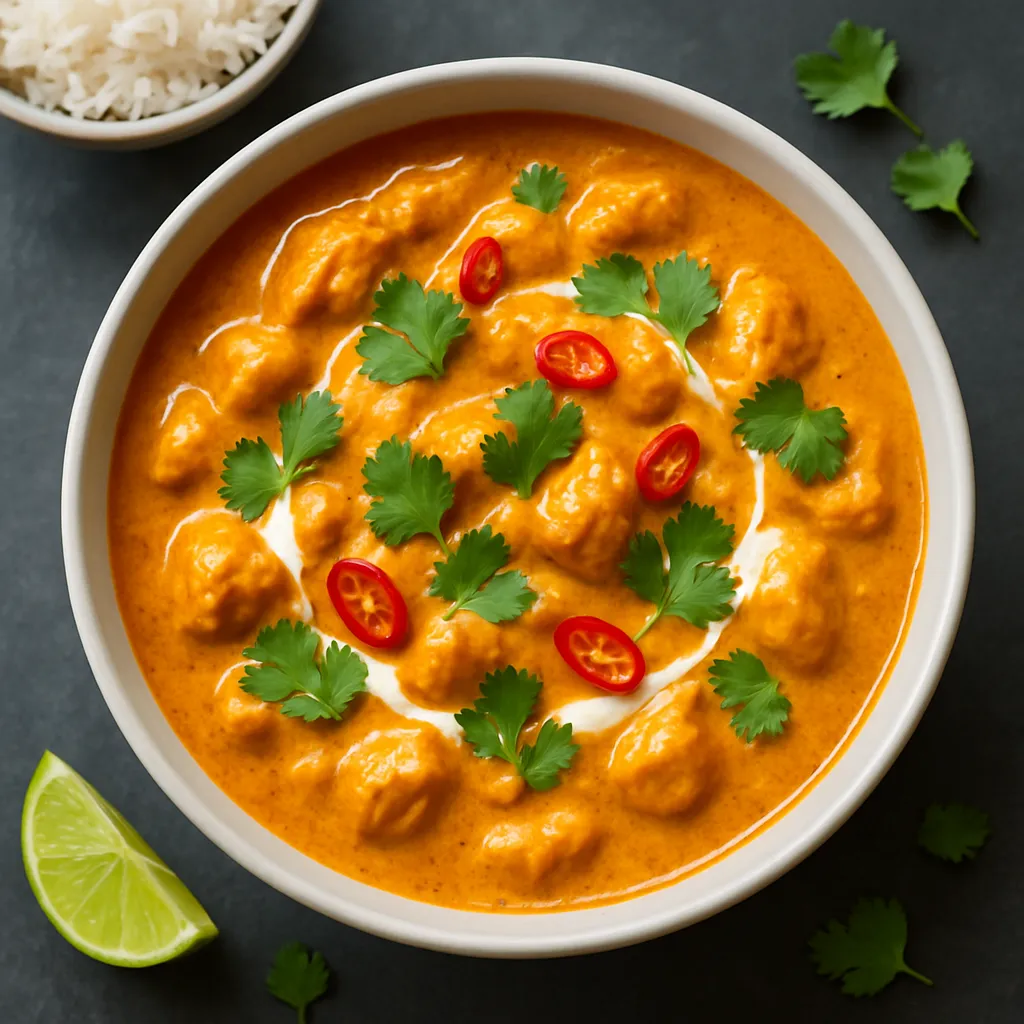 Finished chicken curry in white bowl garnished with cilantro and served with rice