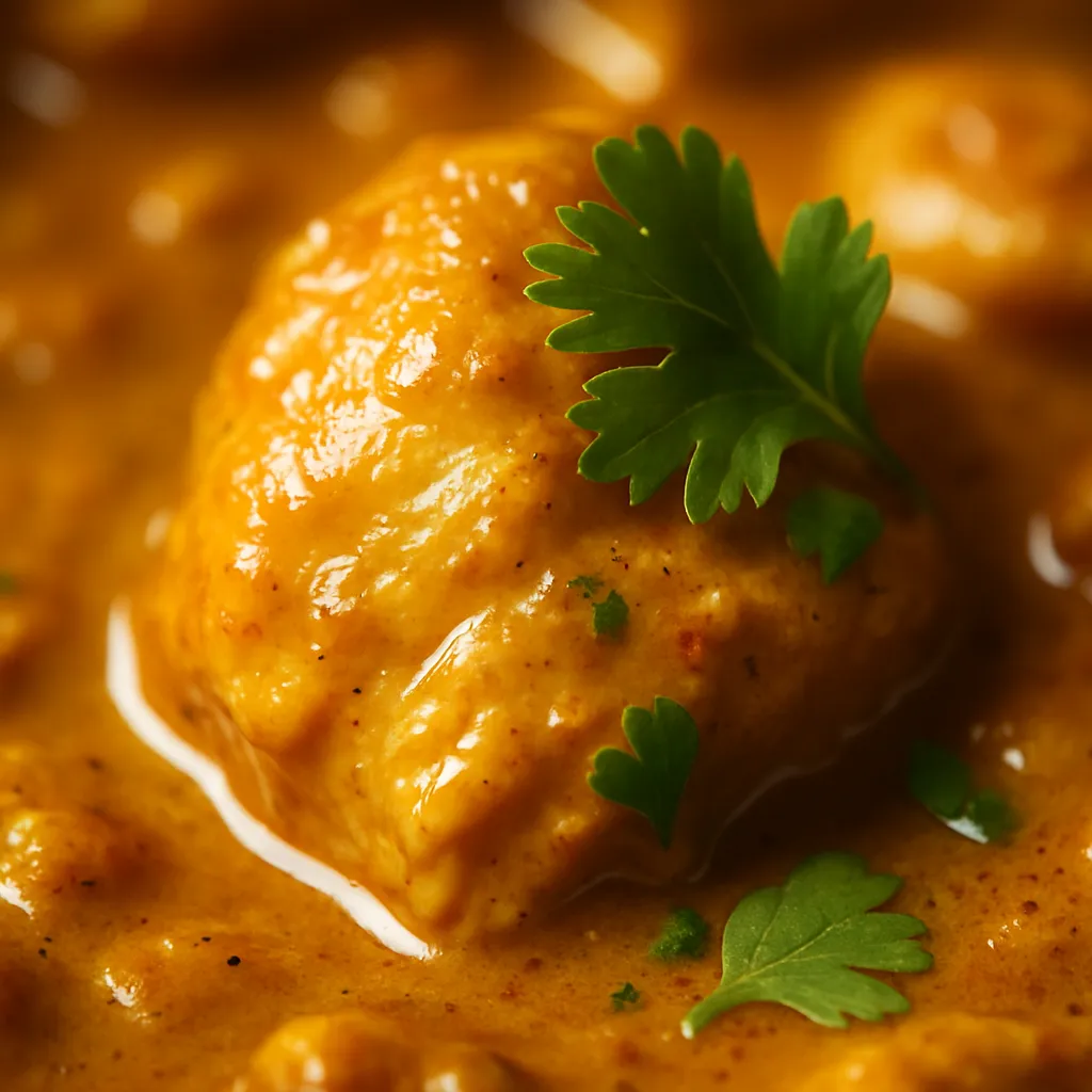 Close-up of tender chicken piece coated in creamy curry sauce with aromatic spices