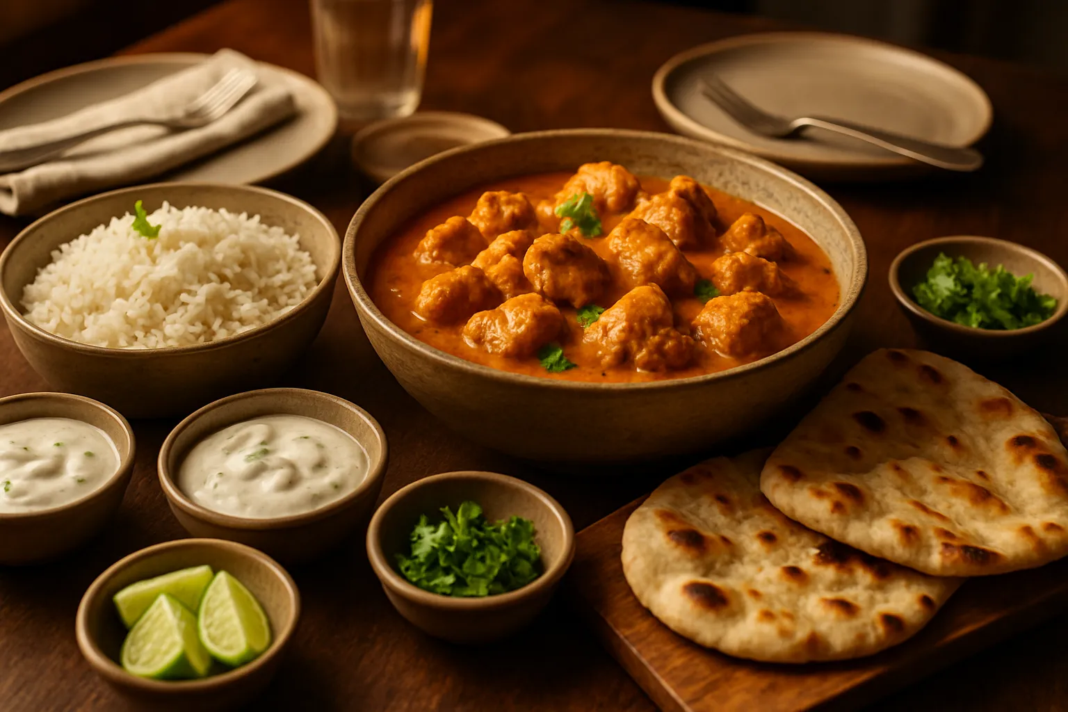 Complete chicken curry meal with rice, naan bread, and traditional accompaniments on dining table