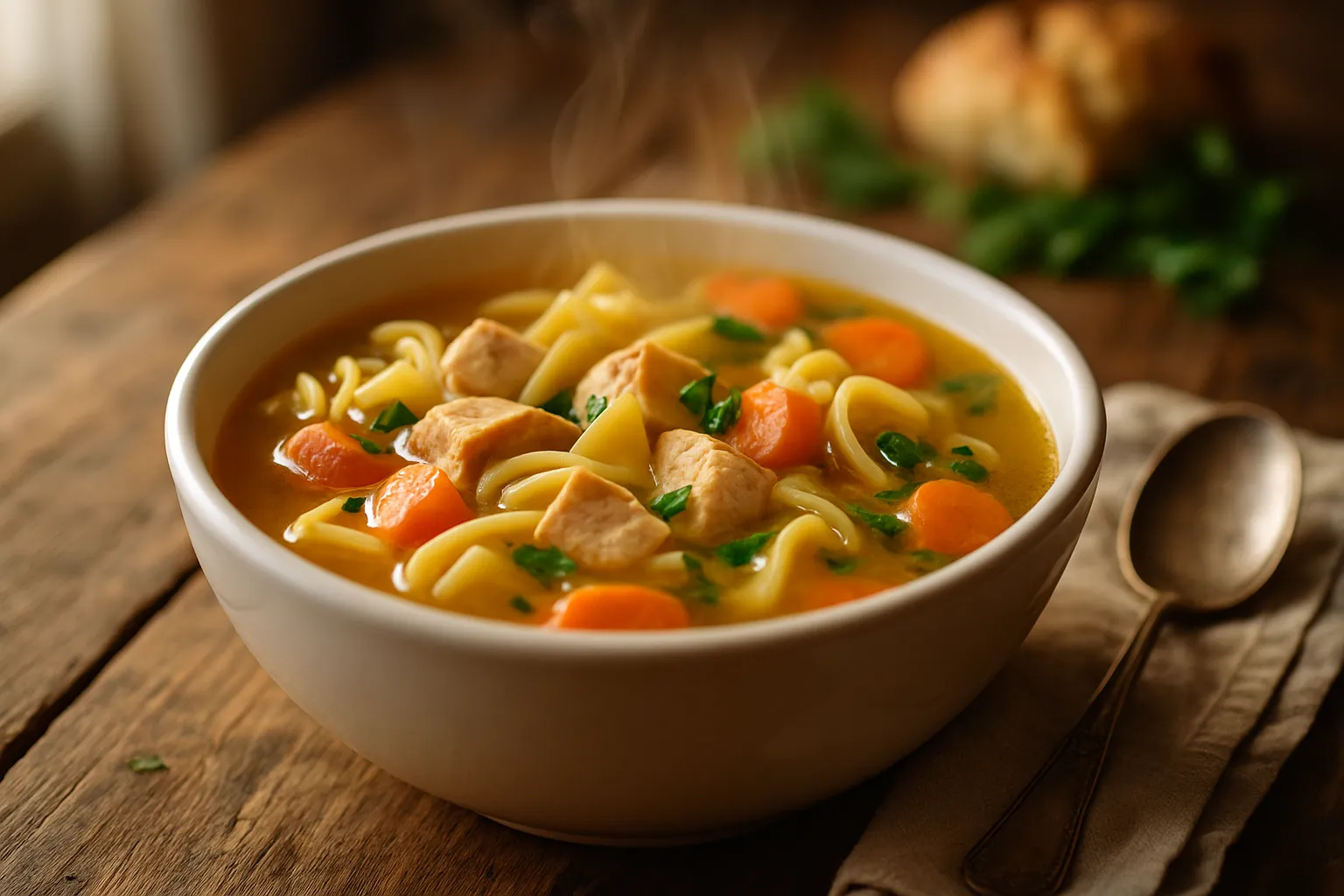 Steaming bowl of homemade chicken noodle soup with tender chicken, vegetables, and egg noodles in rich golden broth
