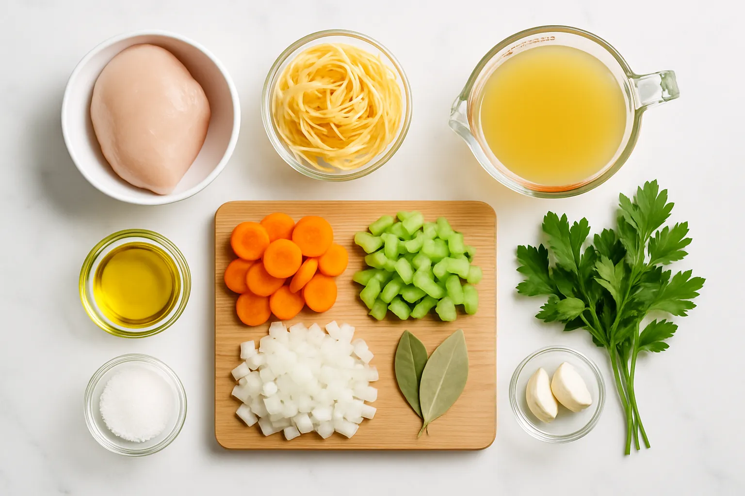 Fresh ingredients for homemade chicken noodle soup arranged on marble surface including chicken, vegetables, noodles, and herbs