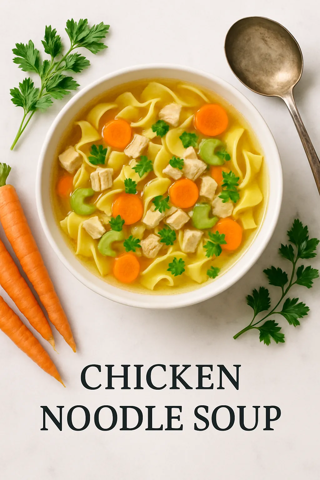 Overhead view of chicken noodle soup recipe with fresh ingredients arranged on marble surface