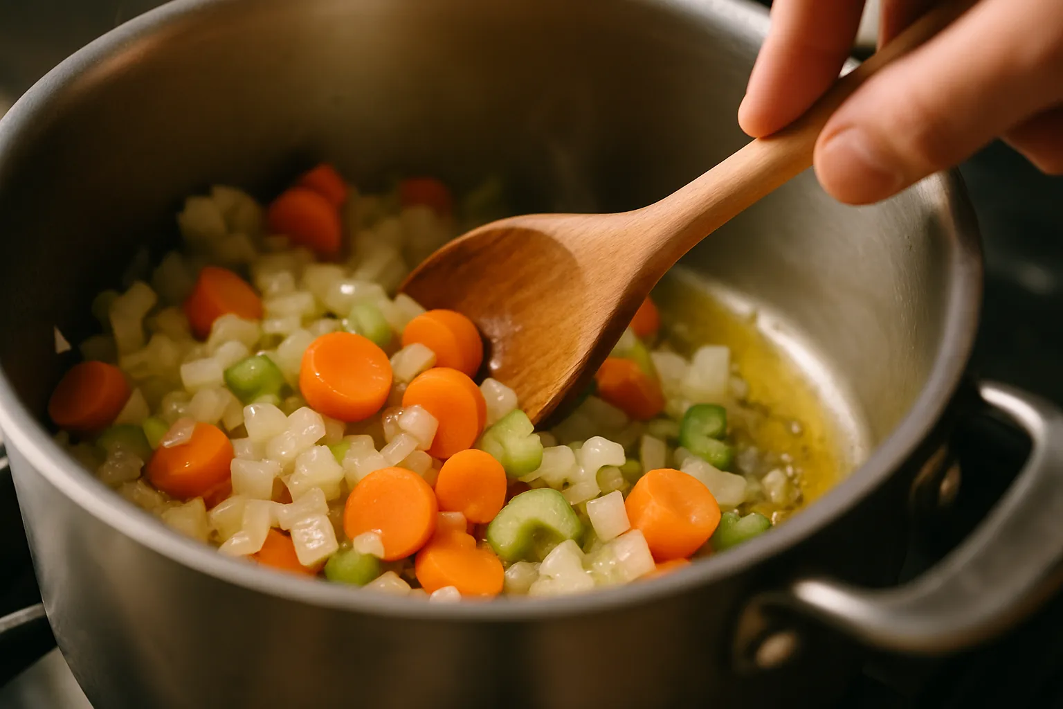 Diced vegetables being sautéed in pot for chicken noodle soup preparation