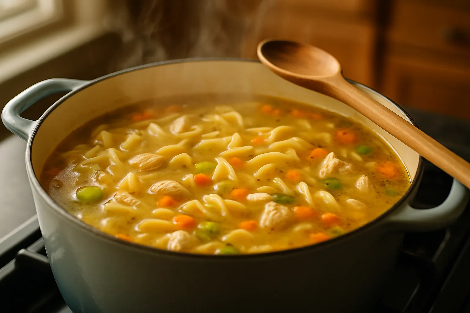 Chicken noodle soup simmering in pot on stovetop with steam rising from golden broth