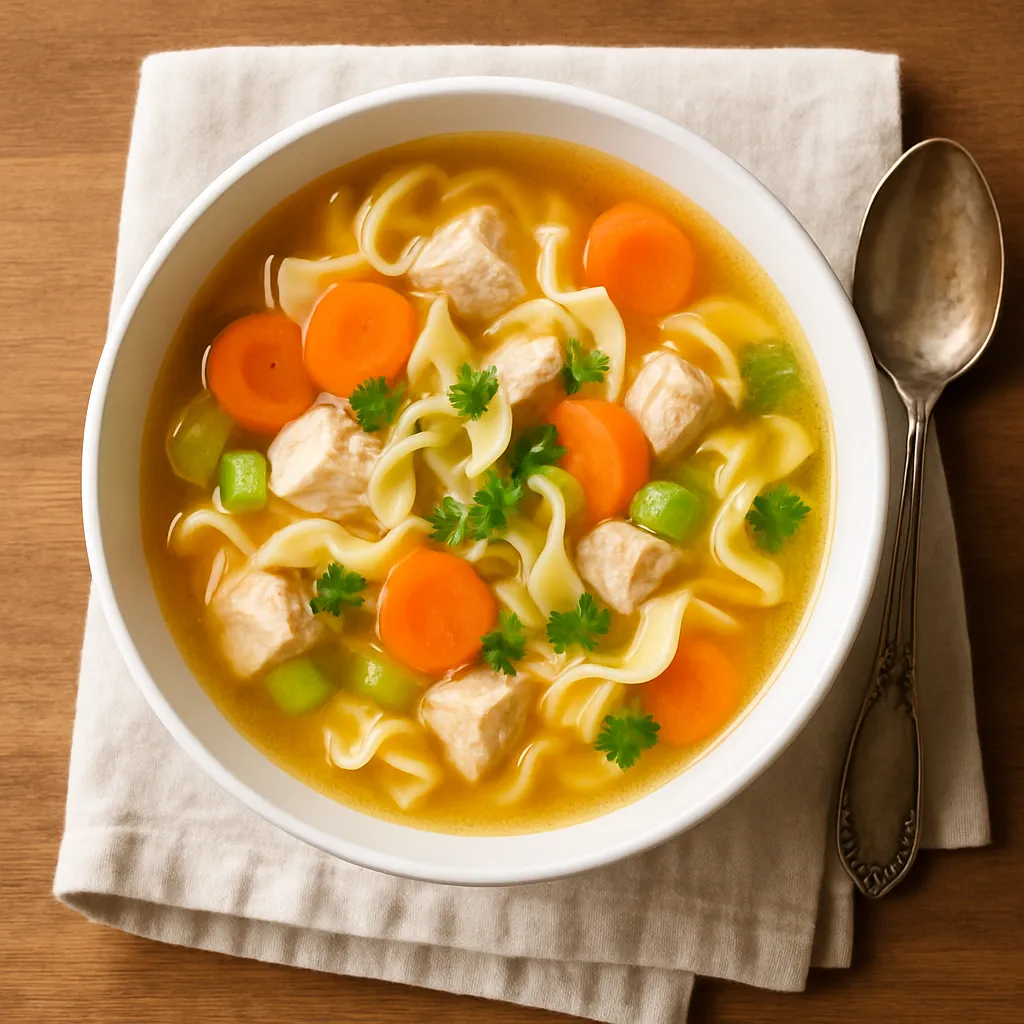 Overhead view of finished chicken noodle soup in white bowl with noodles, chicken, vegetables, and fresh parsley