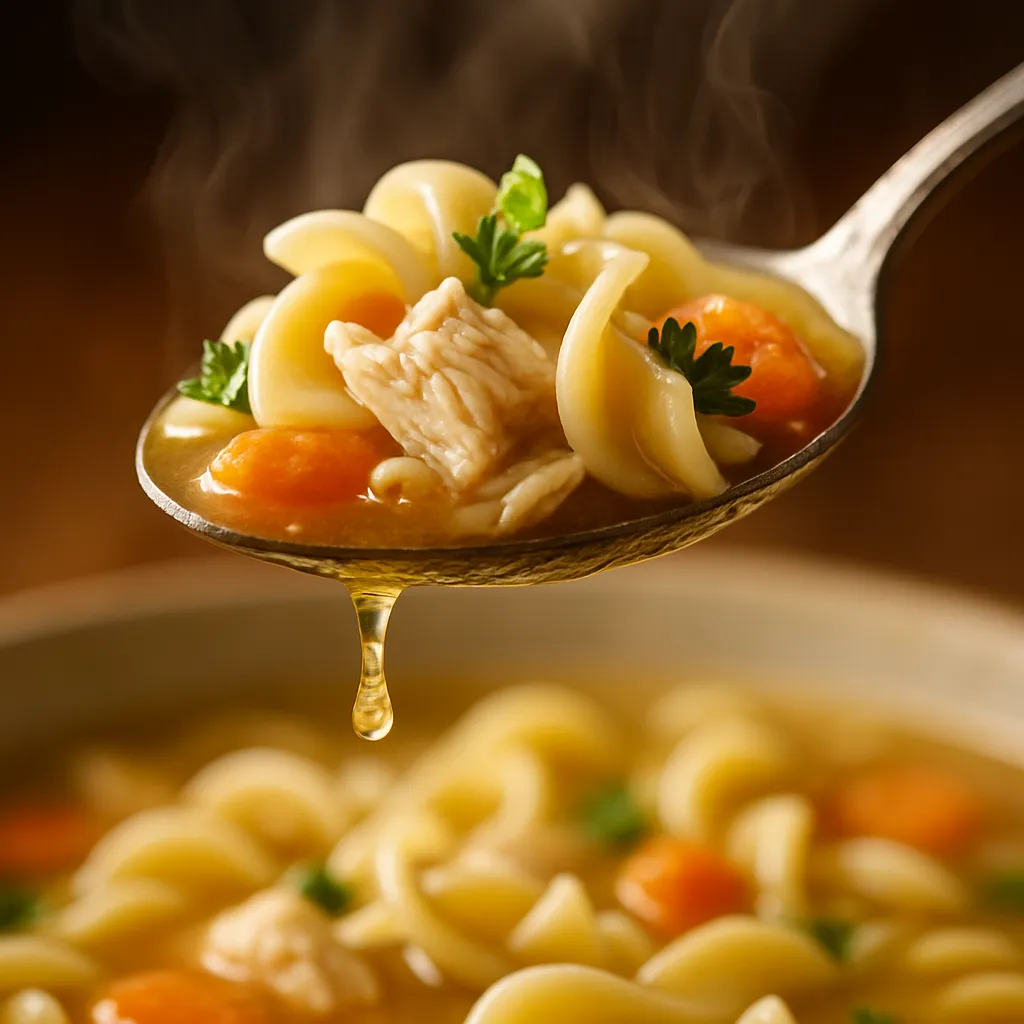 Close-up of spoonful of chicken noodle soup showing tender chicken, noodles, and vegetables in golden broth