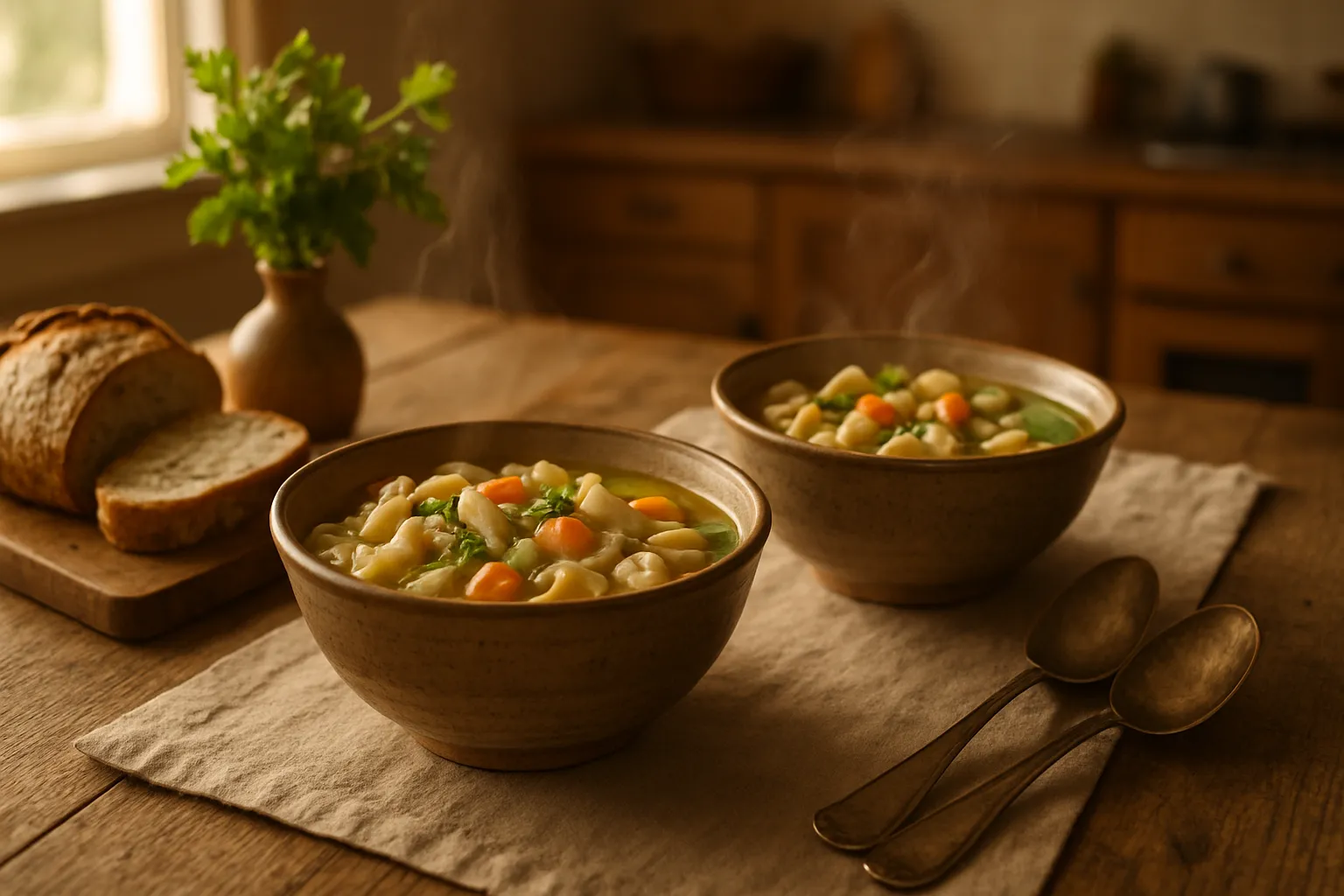 Two bowls of chicken noodle soup served with crusty bread on rustic wooden table in cozy kitchen setting