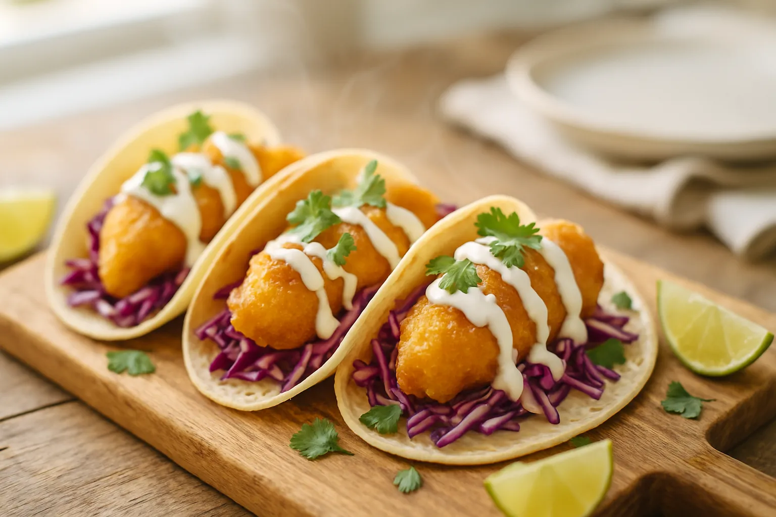 Crispy Baja-style fish tacos with golden fried fish, purple cabbage slaw, and creamy lime sauce on a rustic wooden board