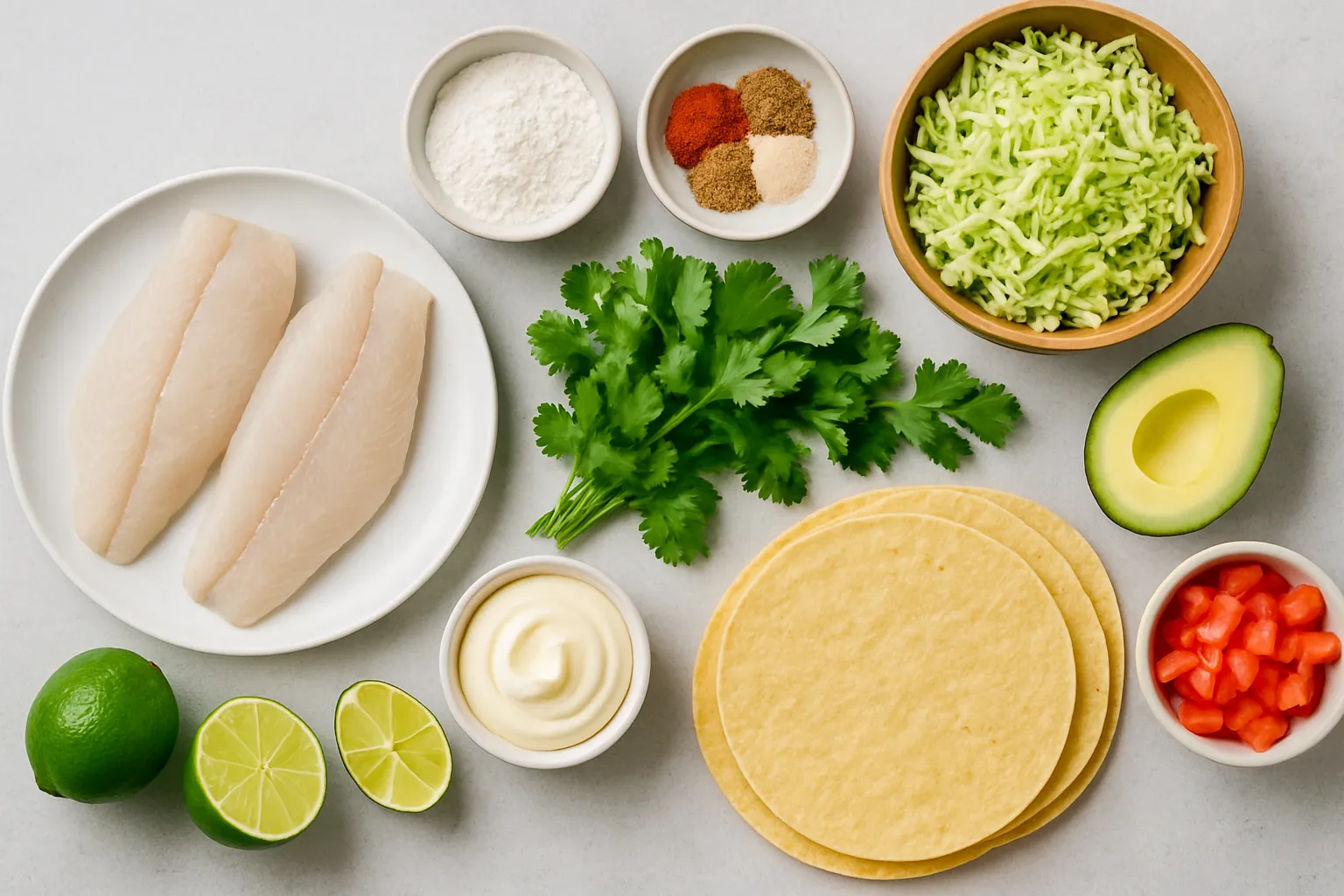 Flat lay of fresh fish taco ingredients including white fish fillets, cabbage, limes, cilantro, tortillas, and spices