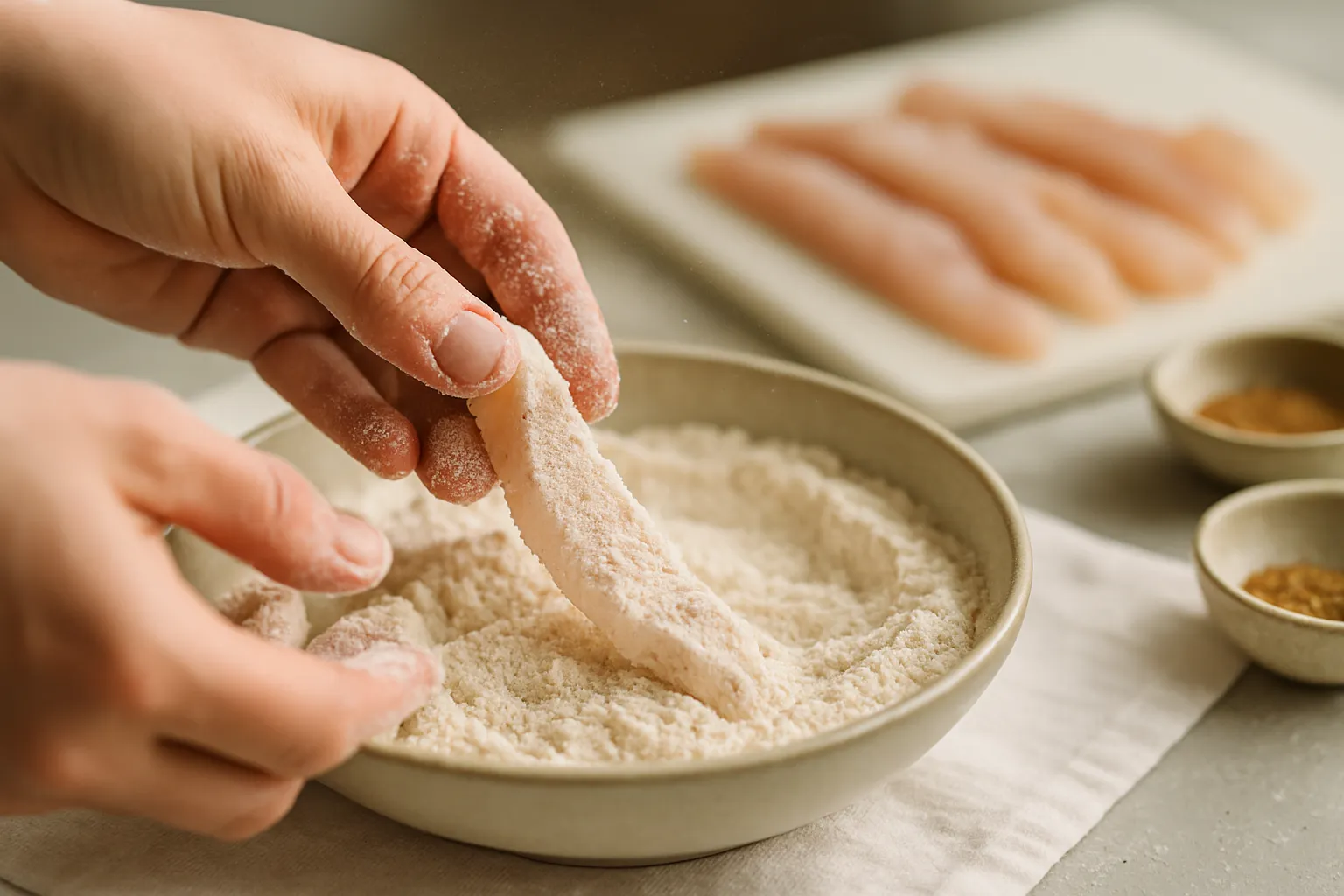Hands coating fresh white fish strips in seasoned flour for crispy fish tacos