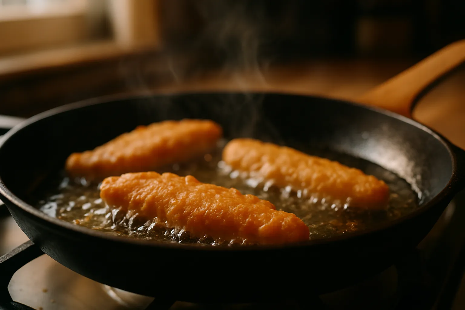 Golden-brown fish strips frying in oil in a cast iron skillet with bubbles forming around edges