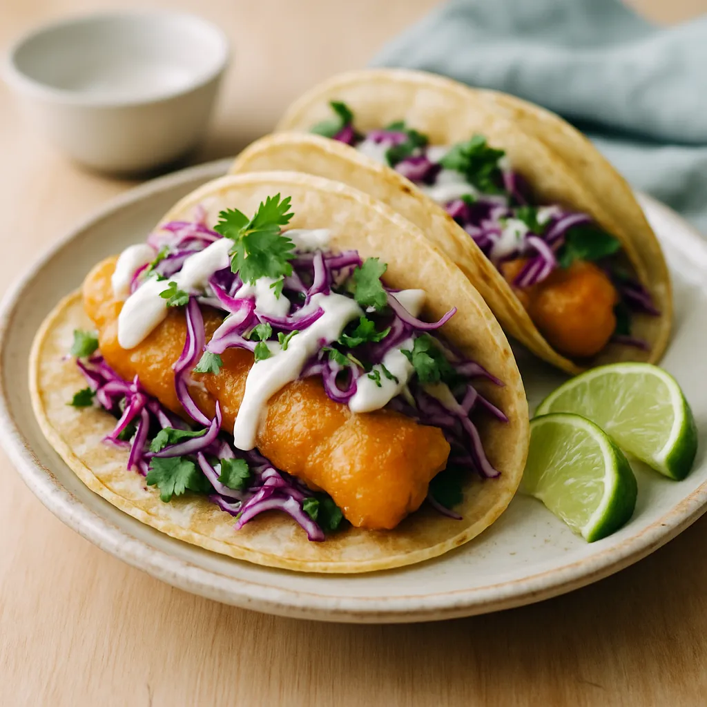 Three assembled fish tacos with crispy fish, cabbage slaw, and lime sauce on a ceramic plate with lime wedges