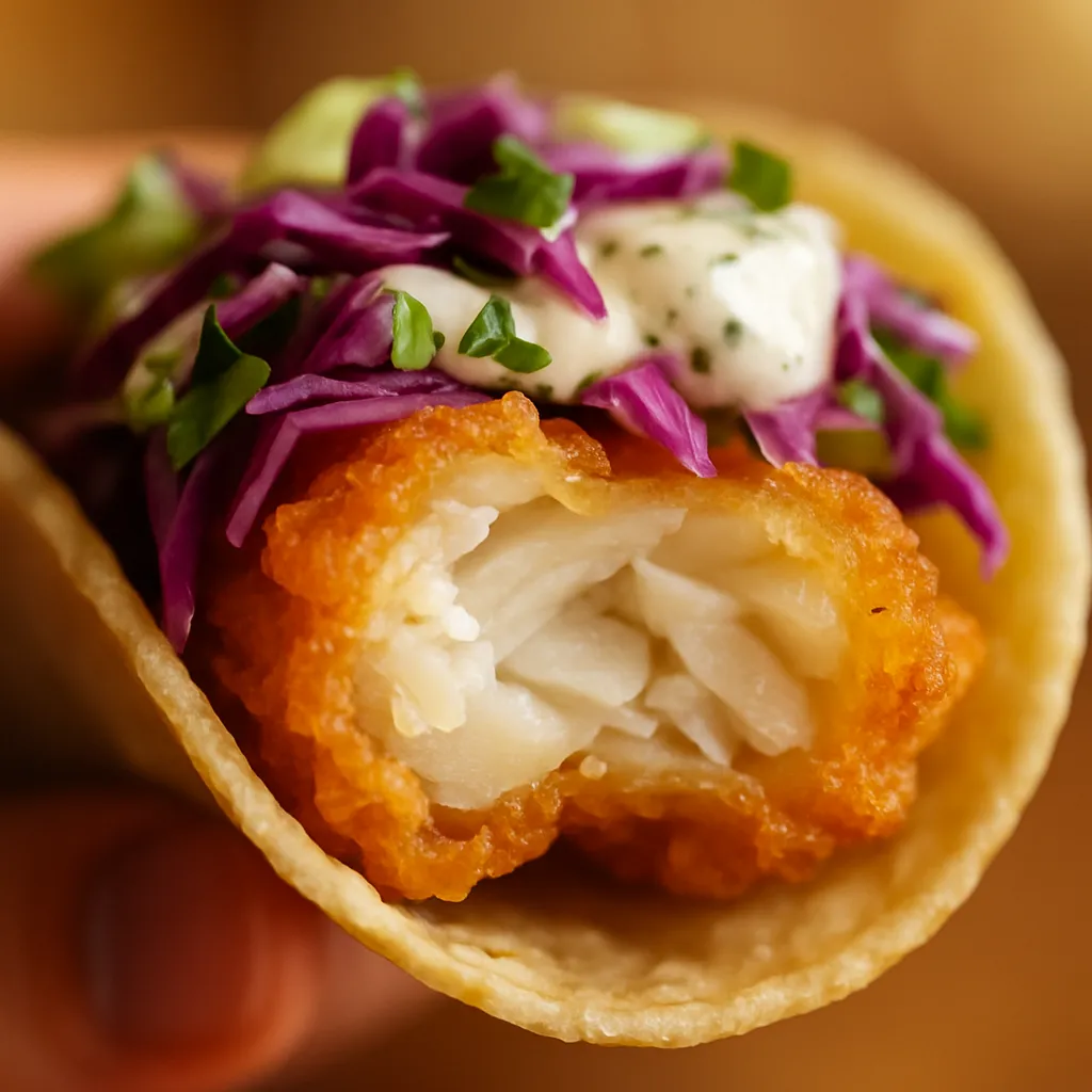 Close-up cross-section of a fish taco showing crispy golden fish, cabbage slaw, and creamy lime sauce layers