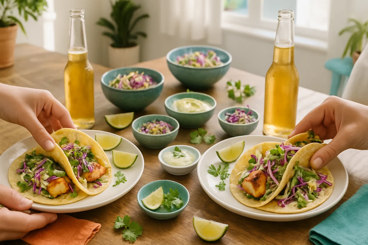 Casual dining scene with fish tacos, lime wedges, sauce bowls, and beer on a rustic wooden table