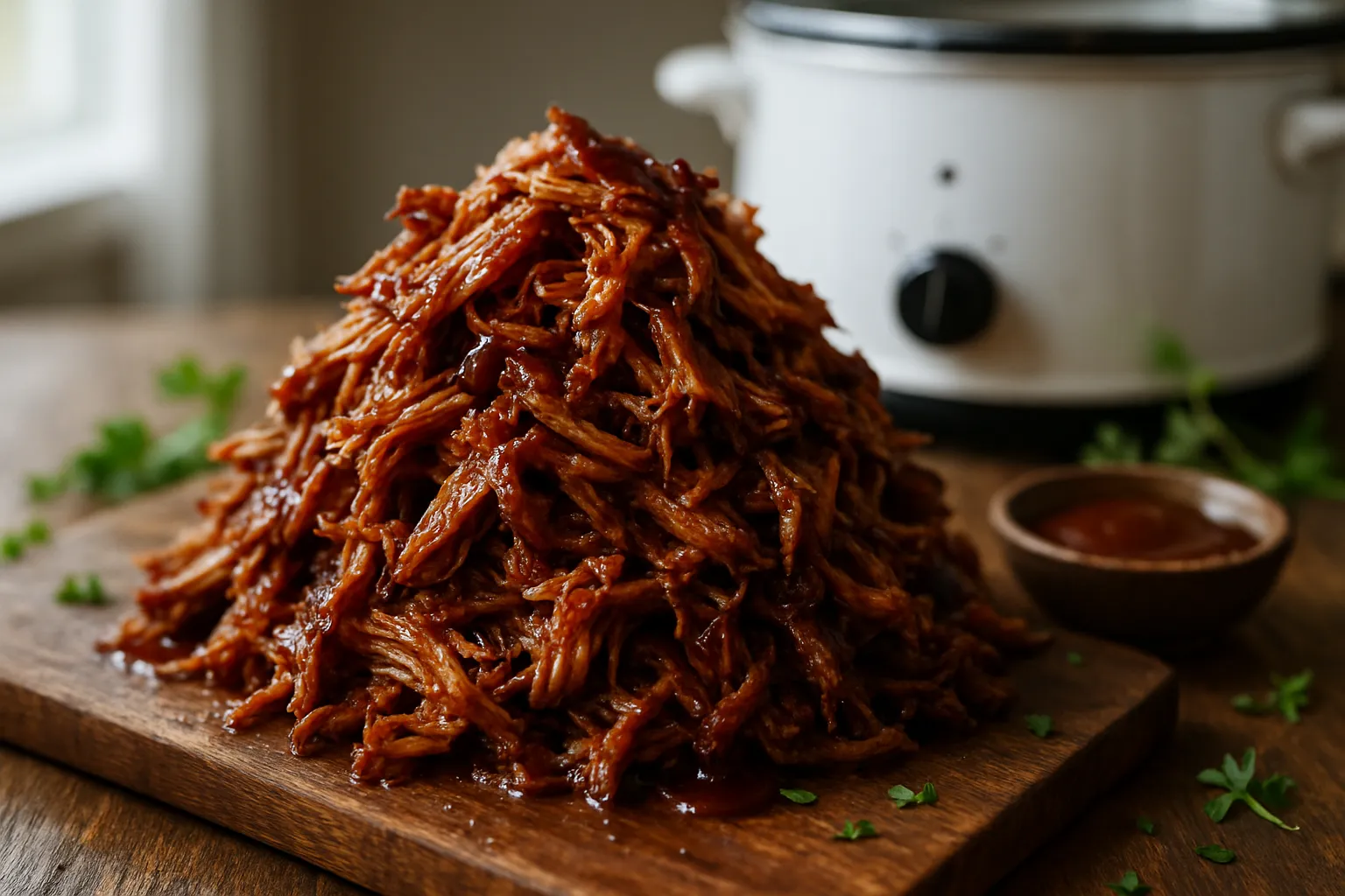 Slow cooker pulled pork with BBQ sauce on wooden board with slow cooker in background