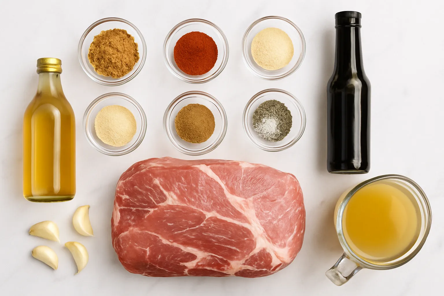 Overhead view of all ingredients for slow cooker pulled pork recipe including pork shoulder, spices, and liquids