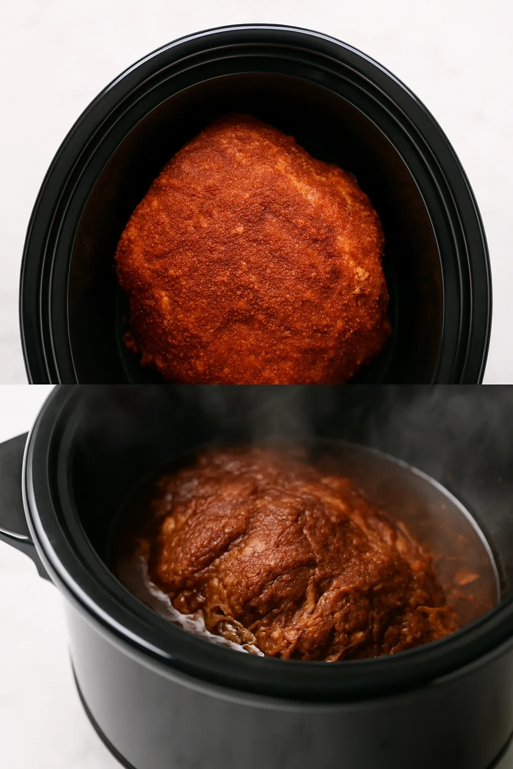 Slow cooker pulled pork recipe process from raw to finished sandwich, vertical Pinterest format